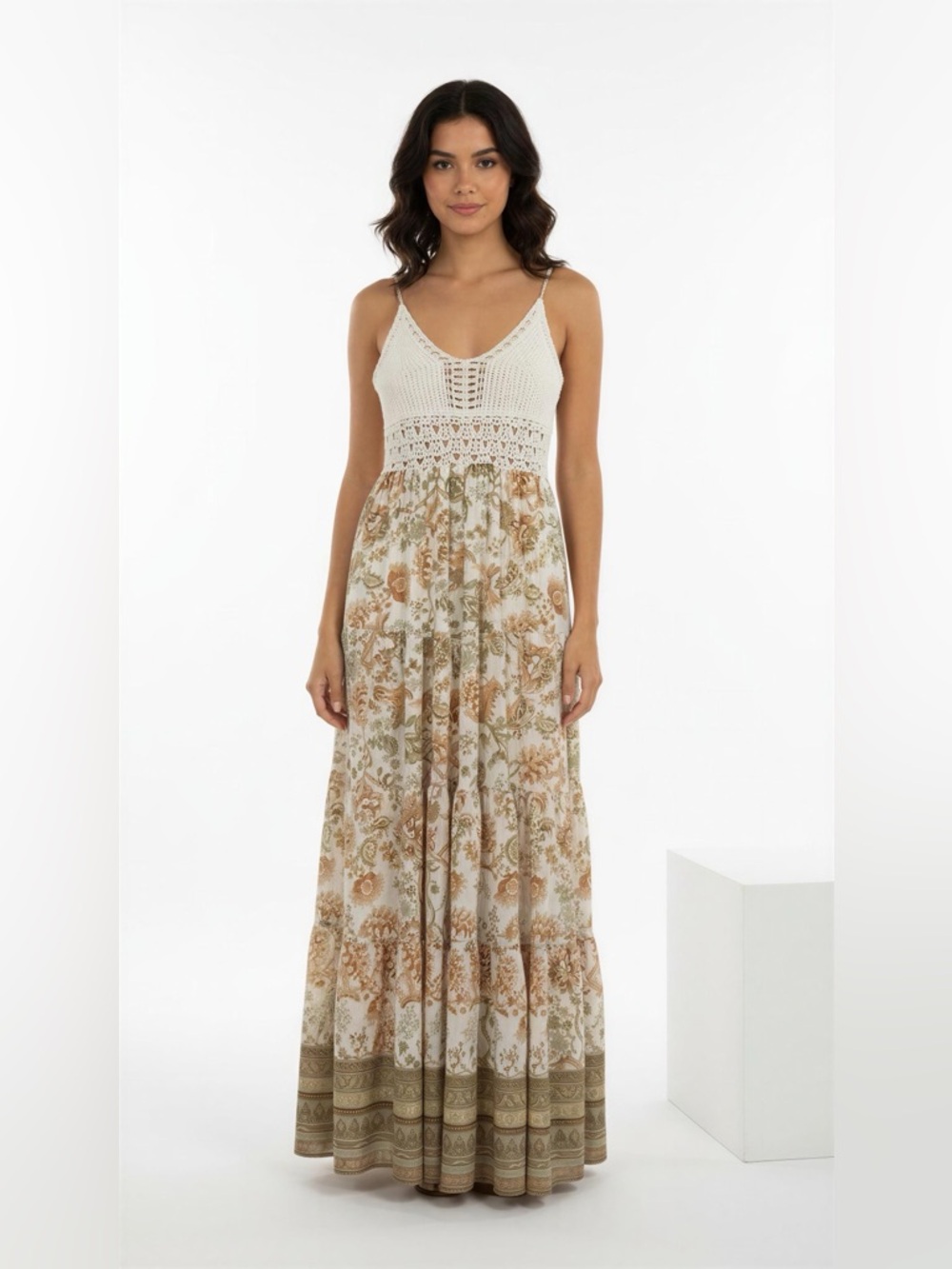 Flying Tomato Cream Crochet-Top Maxi Dress with Brown & Green Floral Skirt